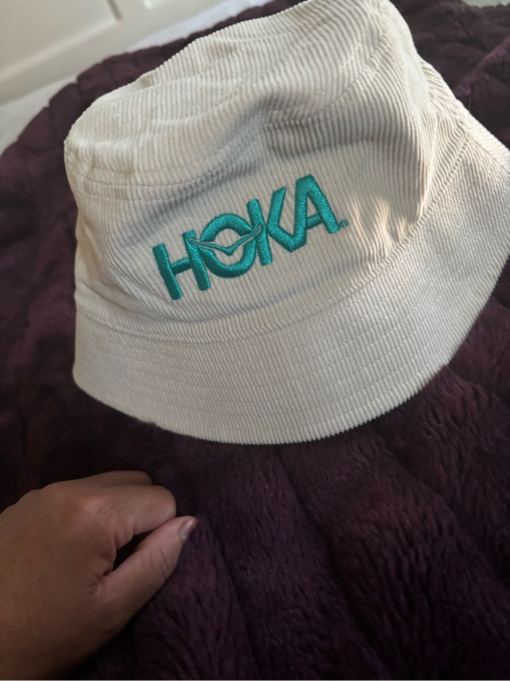Hoka Cream Corduroy Bucket Hat with Teal Logo